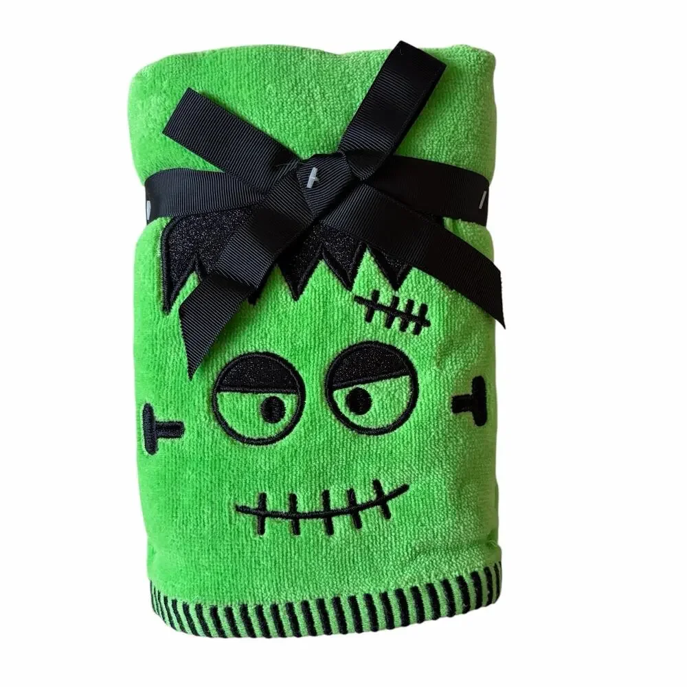 KASSAFINA Halloween Frankenstein Hand Towels 2pc Green Black Embroidered NEW